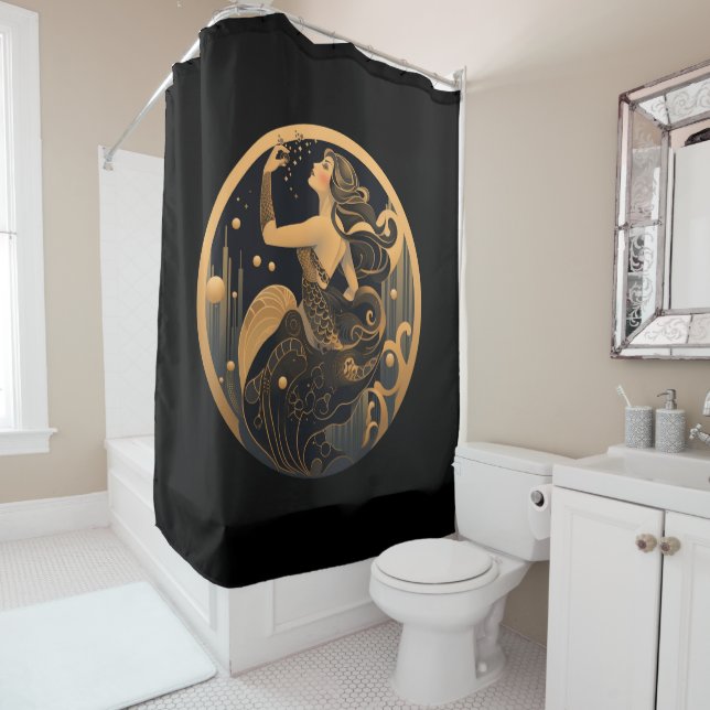Rideau de douche Mermaid Art déco noir et or (En situation)