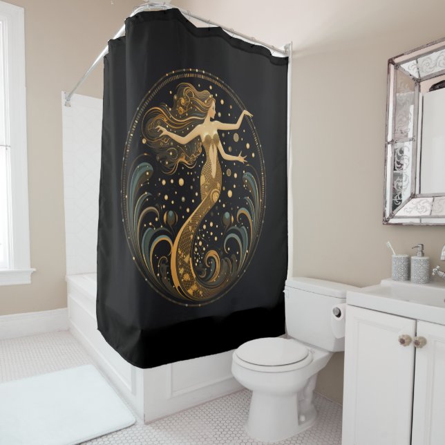 Rideau de douche Mermaid Art déco noir et or (En situation)