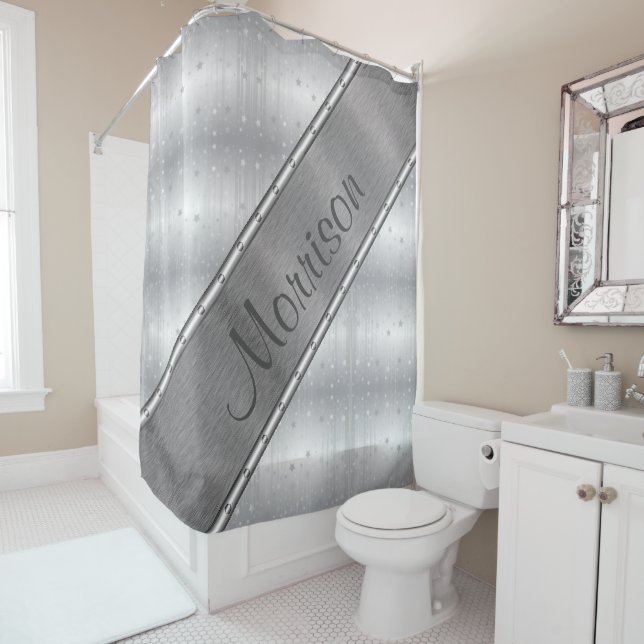 Rideau de douche métallique gris argent personnali (En situation)