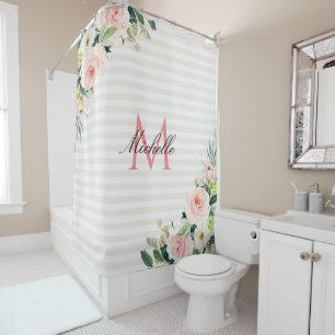 rideau de douche monogramme floral à rayures blanc