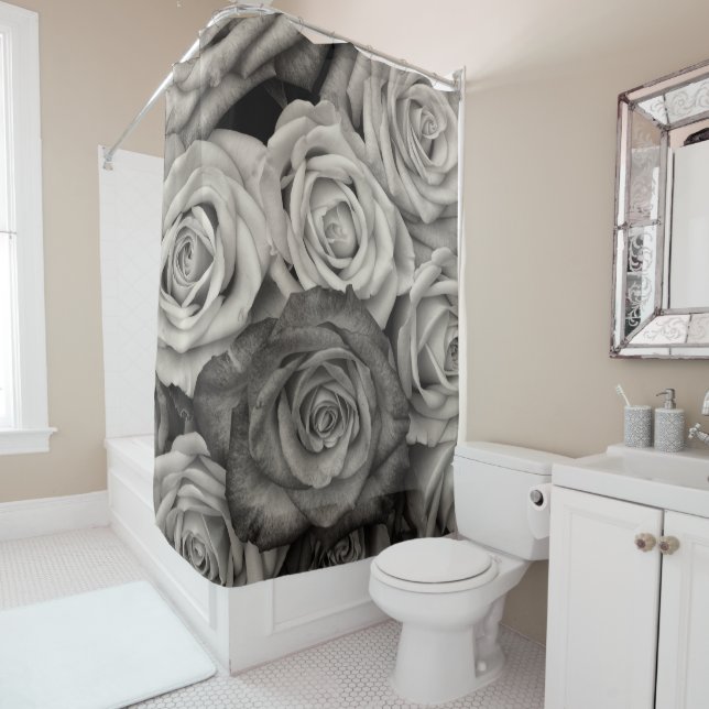 rideau de douche noir blanc rose (En situation)