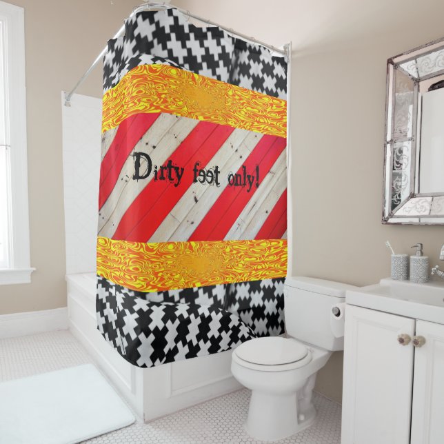 Rideau de douche Noir Blanc Rouge Jaune (En situation)