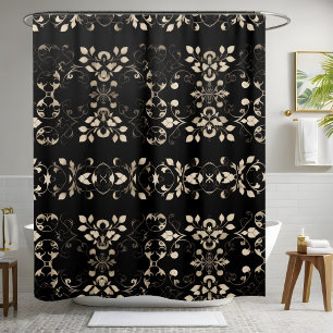 Rideau de douche noir et crème avec fleurs