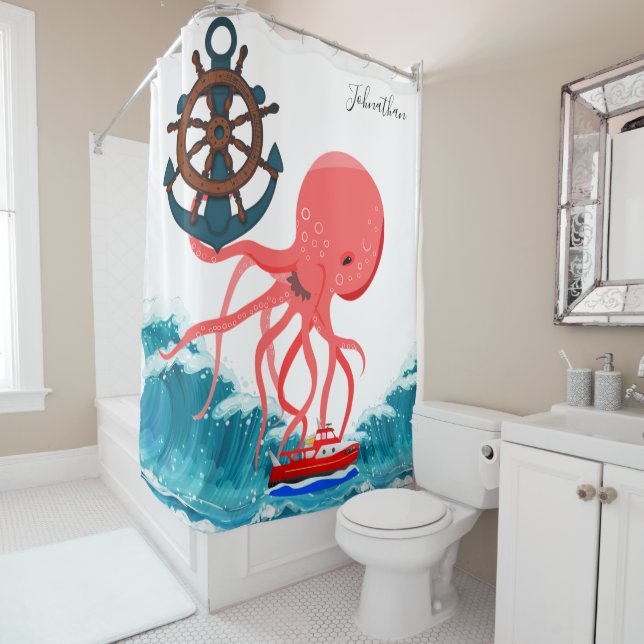 Rideau de douche Octopus Ocean Waves Ancre (En situation)