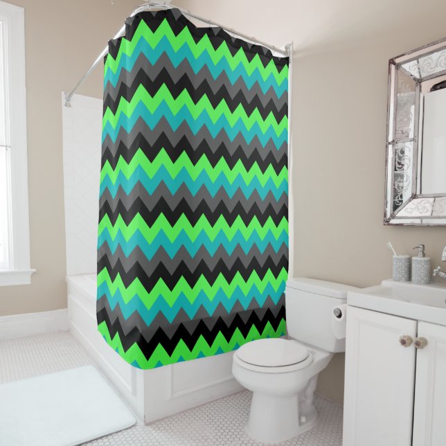 Rideau de douche Ombre noir vert Chevrons (En situation)