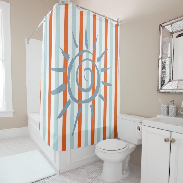 Rideau de douche orange et bleu bande bleue Star (En situation)