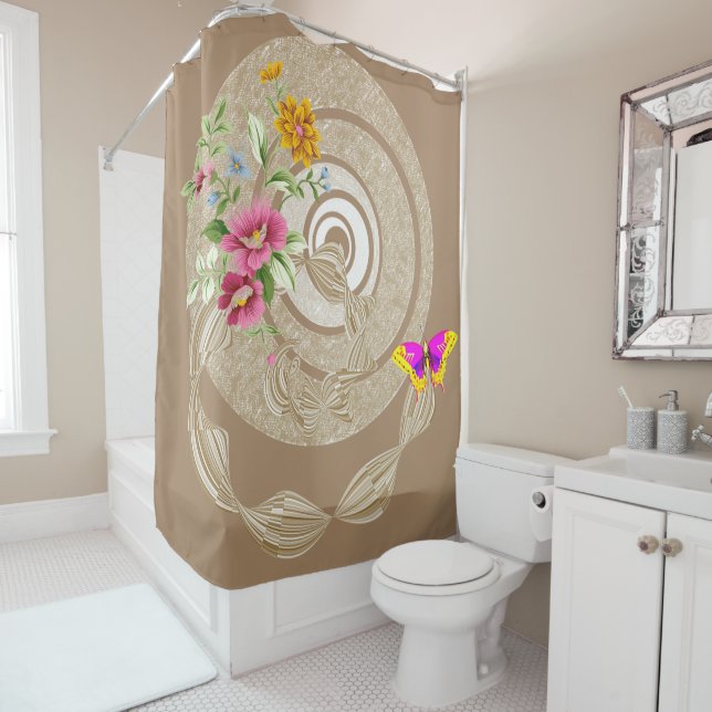 Rideau de douche Papillon floral beige (En situation)