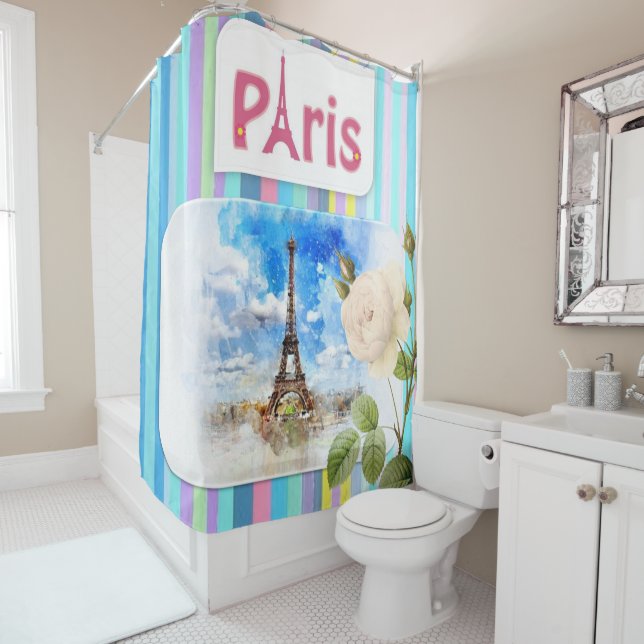 Rideau de douche Paris France Bleu (En situation)