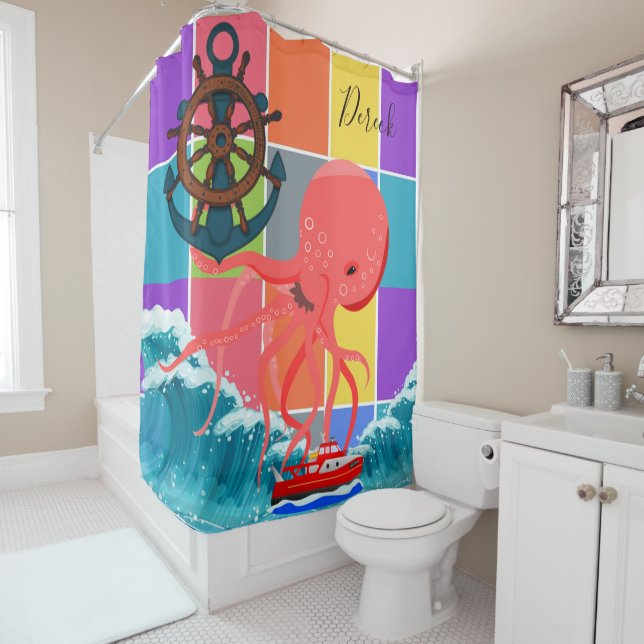 Rideau De Douche Plage D'Octopus Vagues Blocs Colo (En situation)