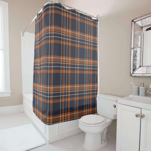 Rideau de douche plaid bleu, orange et gris (En situation)