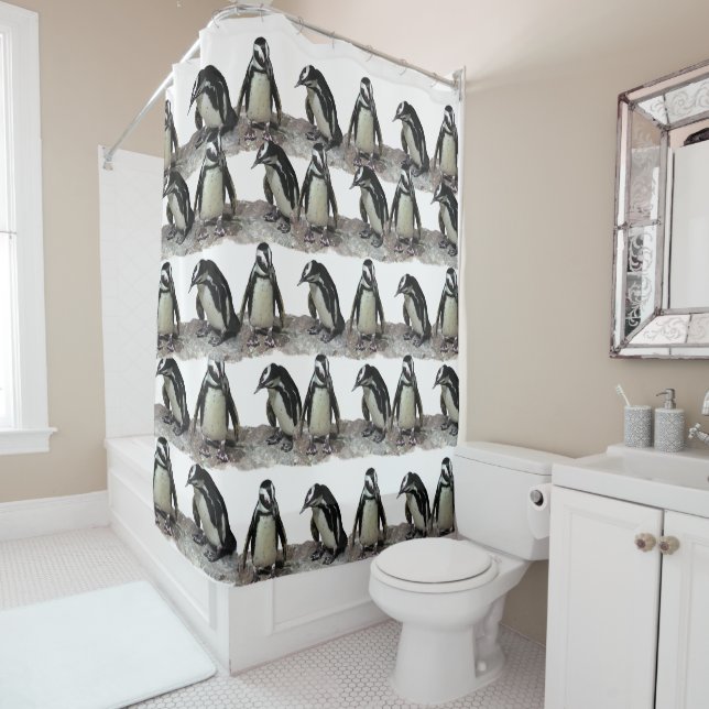 Rideau de douche pour oiseaux de pingouins noirs e (En situation)