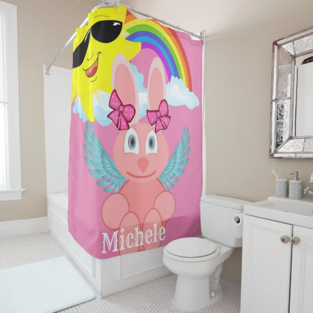 Rideau de douche Rabbit rose Arc-en-ciel Sun (En situation)