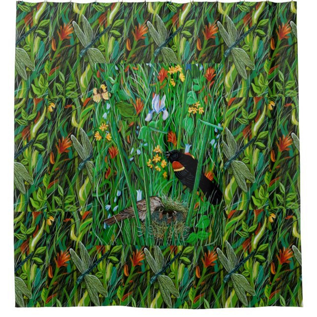 Rideau de douche "Red Wing Blackbird & Dragonfly" (Devant)