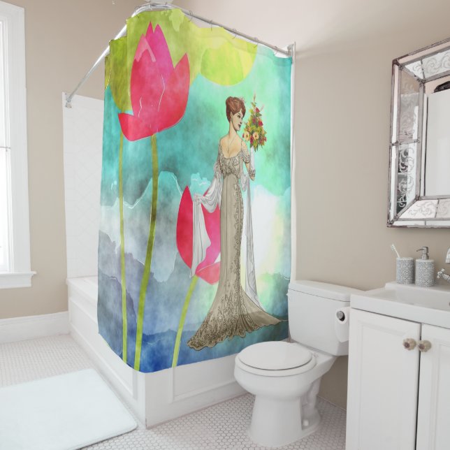 Rideau de douche Rétro Femme Floral (En situation)
