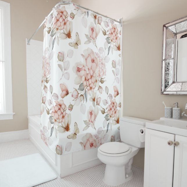 Rideau de douche romantique avec motif floral (En situation)