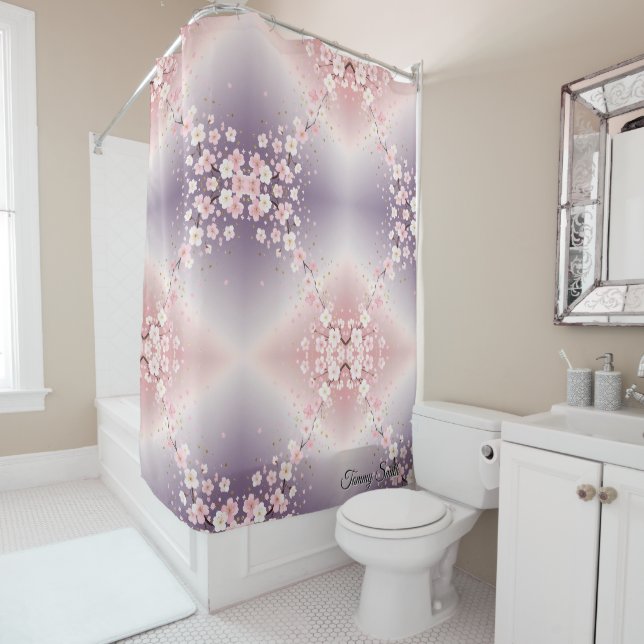 Rideau de douche rose doux en fleur de cerisier (En situation)