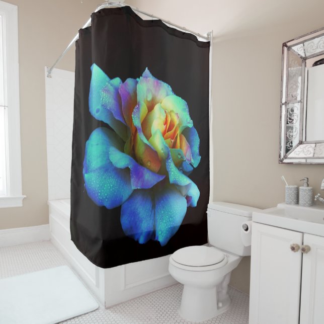 Rideau de douche Rose turquoise et or arc-en-ciel (En situation)