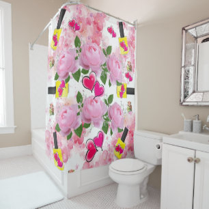 Rideau de douche Roses rose Clou jaune Coeur polon