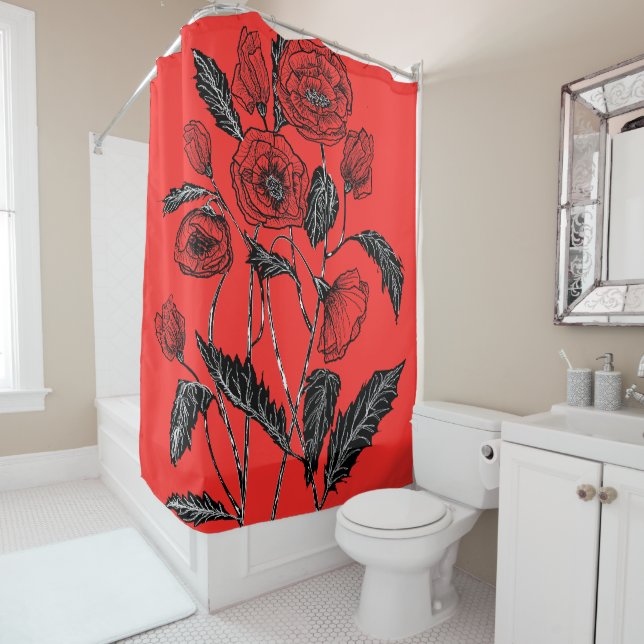 Rideau de douche rouge avec des pavots Choisir les (En situation)