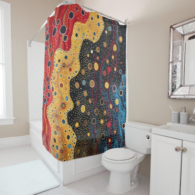 Rideau de douche rouge, or et noir Abstrait (En situation)