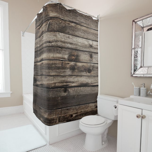 Rideau de douche rustique en bois foncé (En situation)