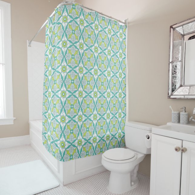Rideau de douche turquoise et verte citron vert (En situation)