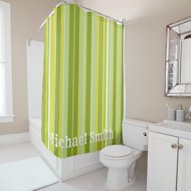 Rideau de douche Vert Blanc Jaune Bande (En situation)