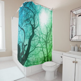 Rideau en douche abstrait d'arbre vert-bleu