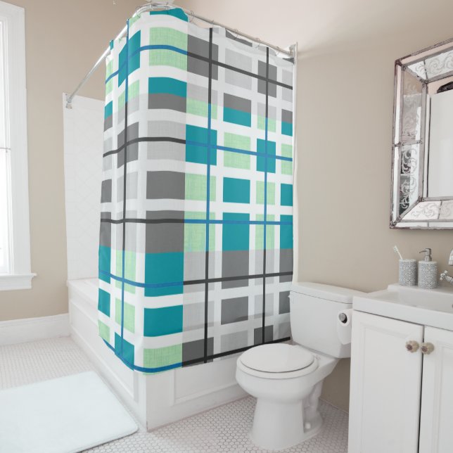 Rideau en douche géométrique turquoise de menthe à (En situation)