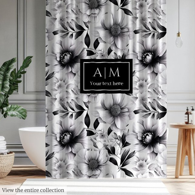 Rideau floral noir et blanc moderne pour bain (Modern black and white floral curtain for bath)