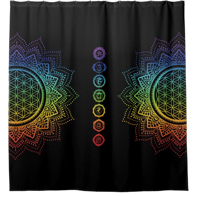 Rideaux De Douche 7 Chakras Fleur de vie Mandala | Noir (Devant)