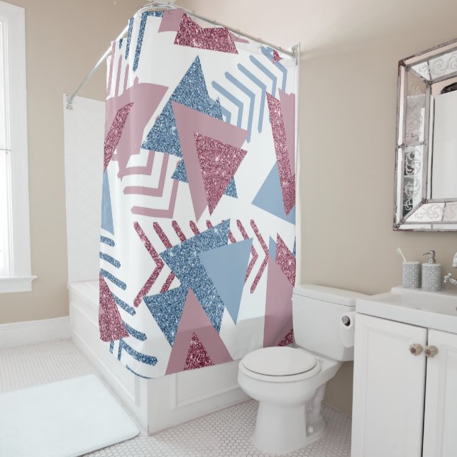 Rideaux De Douche 80s Abstrait lunaire | Dusty Mauve rose et bleu (En situation)