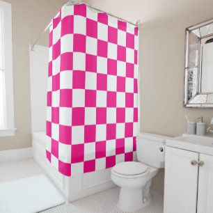 Rideaux De Douche à damiers carré chaud rose blanc rétro géométrique