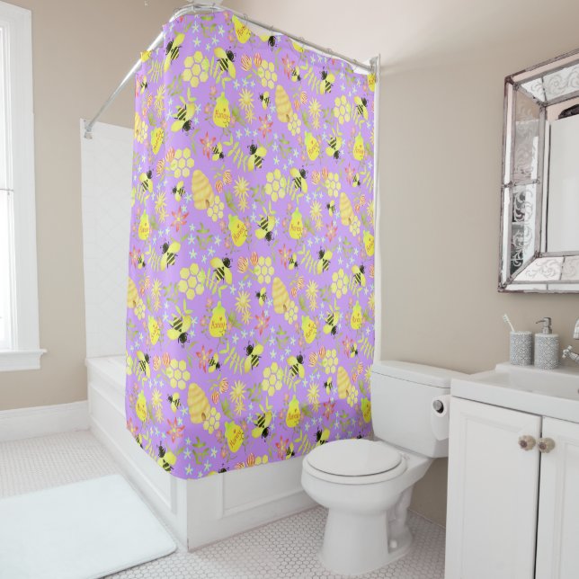 Rideaux De Douche Abeille de miel violet (En situation)