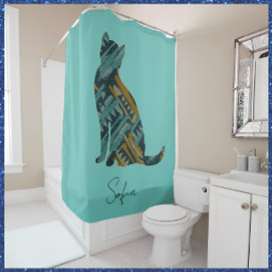 Rideaux De Douche Abstract Turquoise and Gold Cat