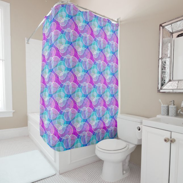 Rideaux De Douche Abstrait Cercle Motif Pastel rose violet bleu (En situation)
