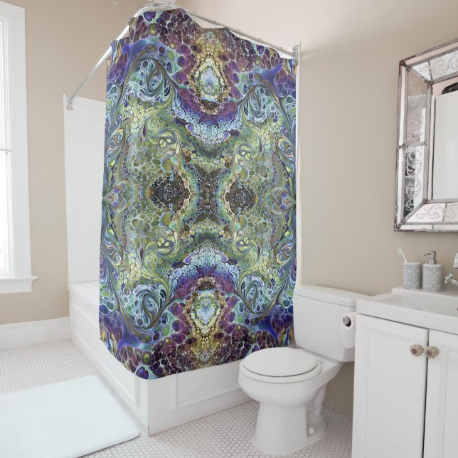 Rideaux De Douche Abstrait couleur Mandala olive sauge violet bleu (En situation)