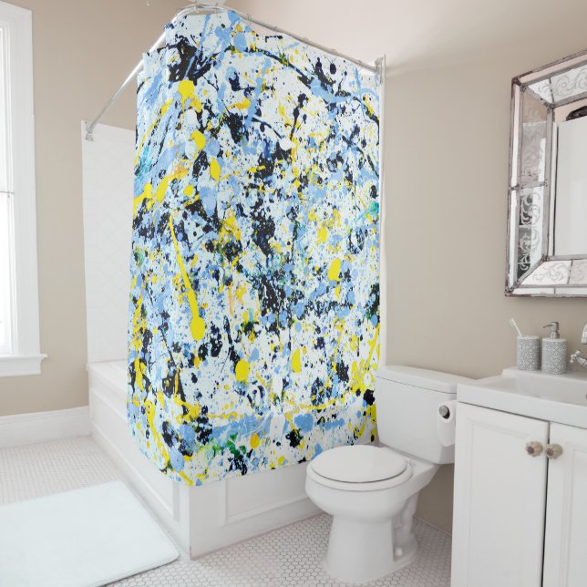 Rideaux De Douche Abstrait en bleu, jaune et noir (En situation)