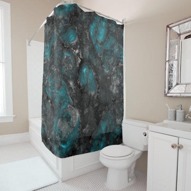 Rideaux De Douche Abstrait en pierre d'argent et de turquoise (En situation)