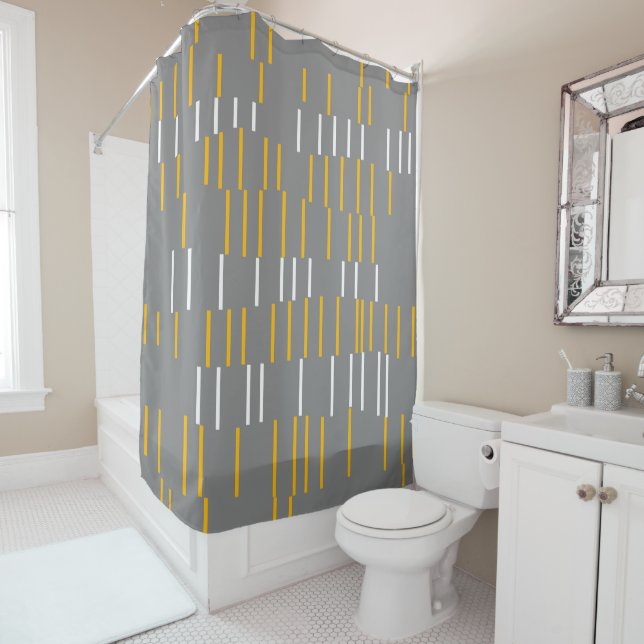 Rideaux De Douche Abstrait, lignes verticales, gris, jaune, blanc (En situation)