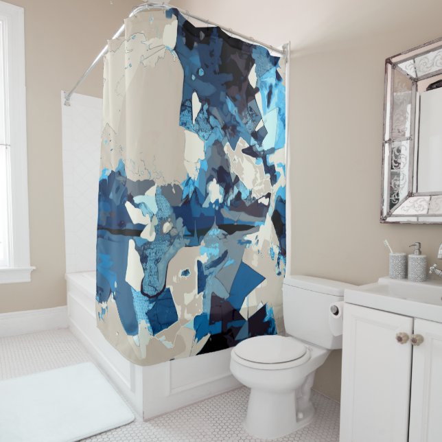 Rideaux De Douche Abstrait, moderne, collage, bleu marine, turquoise (En situation)