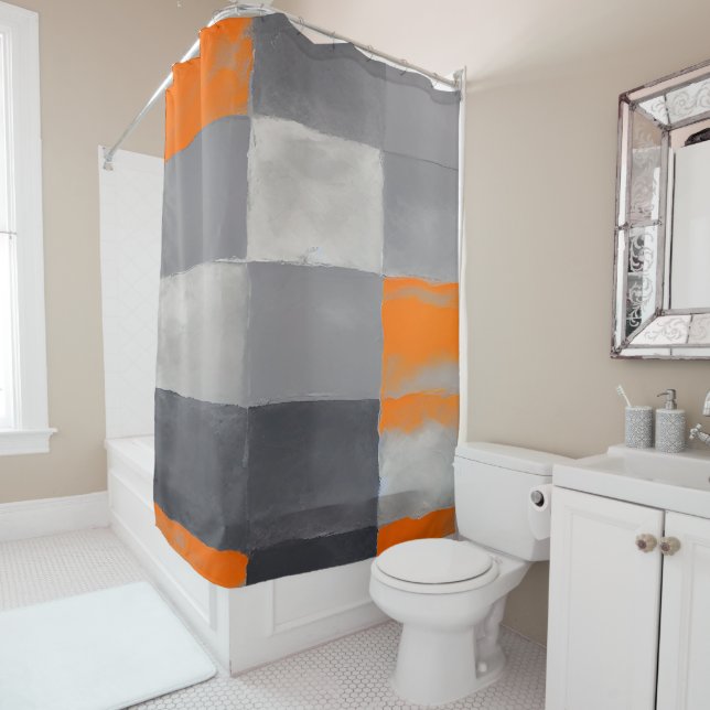 Rideaux De Douche Abstrait Plaid gris orange (En situation)