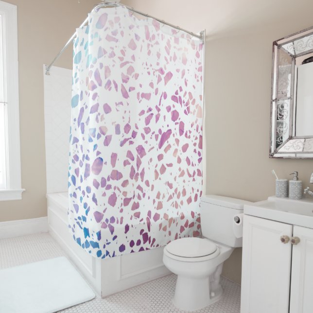 Rideaux De Douche Abstrait Terrazzo Mosaic rose et Motif bleu (En situation)
