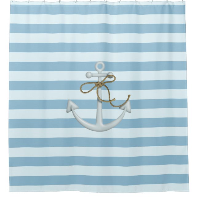 Rideaux De Douche Adorable Ancre nautique sur les rayures bleu clair (Devant)