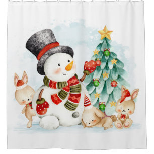 Rideaux De Douche Adorables Bunnies Et Arbre De Snowman De Noël 