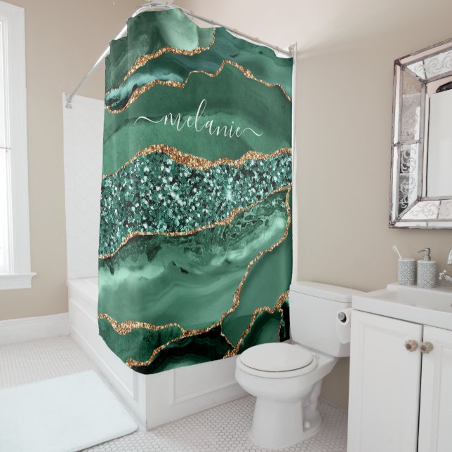 Rideaux De Douche Agate Green Gold Parties scintillant Geode Marbre  (En situation)