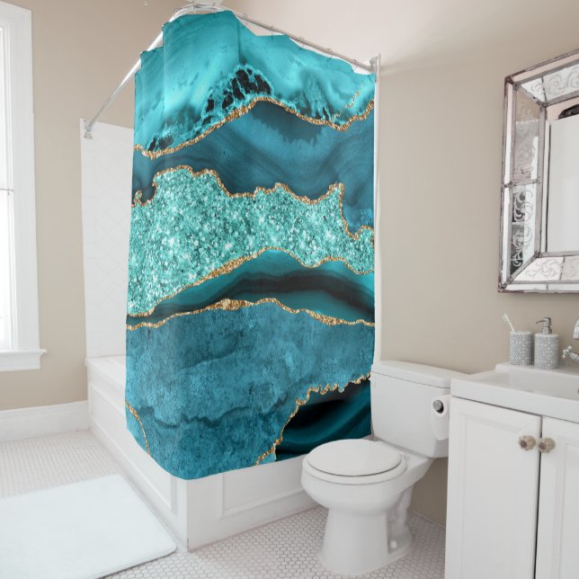 Rideaux De Douche Agate Turquoise Blue Gold Aqua Turquoise Douche ri (En situation)