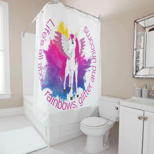 Rideaux De Douche Aile Unicorn Party aquarelle thème (En situation)
