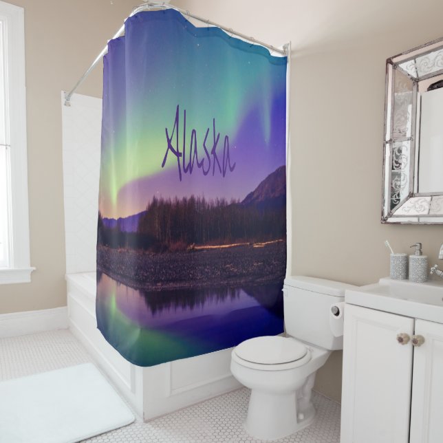 Rideaux De Douche Alaska Northern Lights Mountains Lake (En situation)