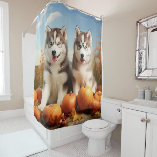 Rideaux De Douche Alaskan Malamute Chiot Automne Citrouille délice